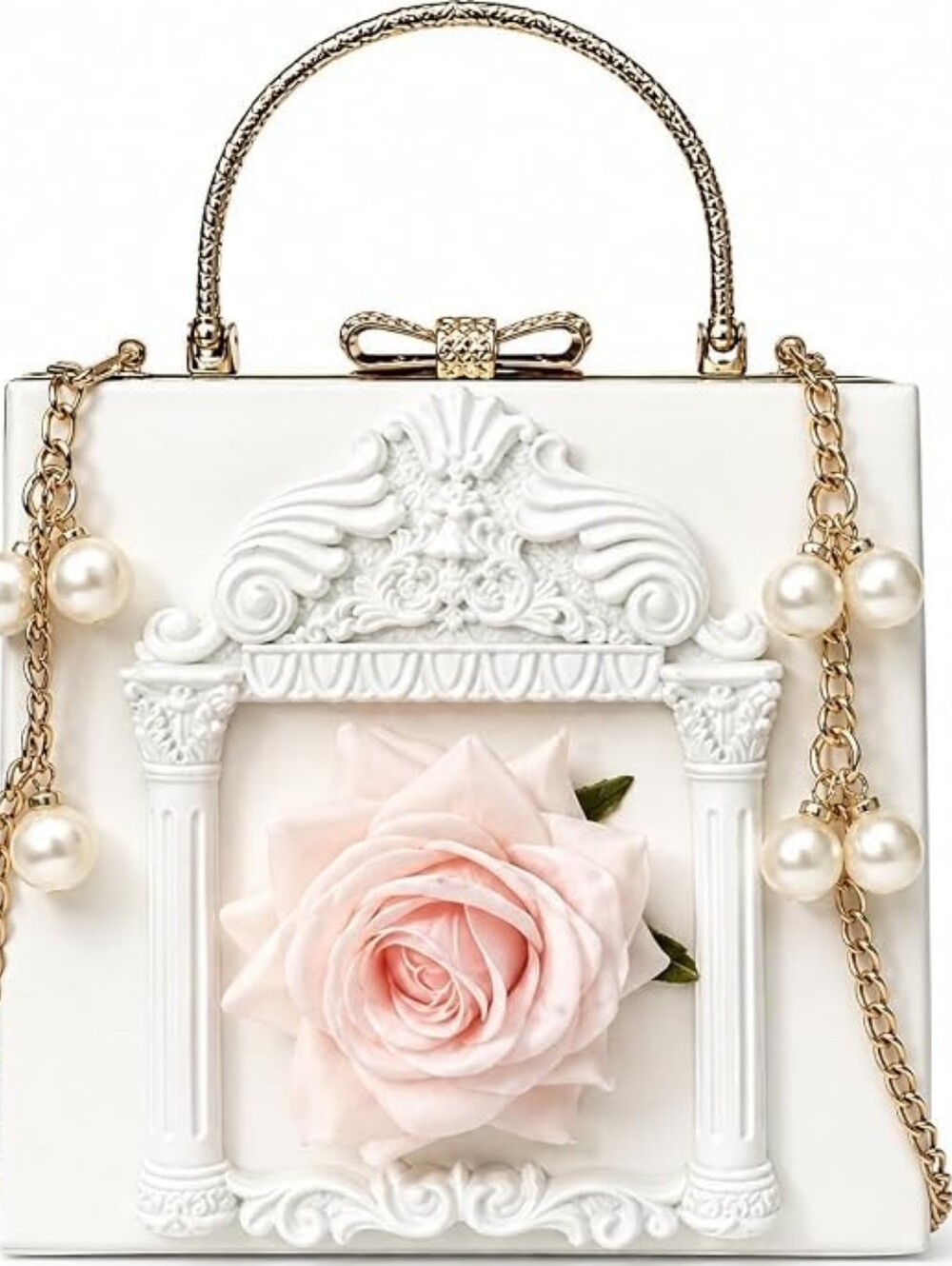 Elegant Ethereal Romance White & Gold Pink Rose Evening Bag